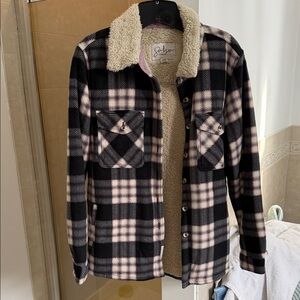 Sofra Black and Cream Checkered Sherpa Jacket